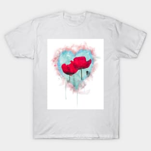 Beautiful field of red poppies in the sunset light. Remembrance Sunday background. T-Shirt